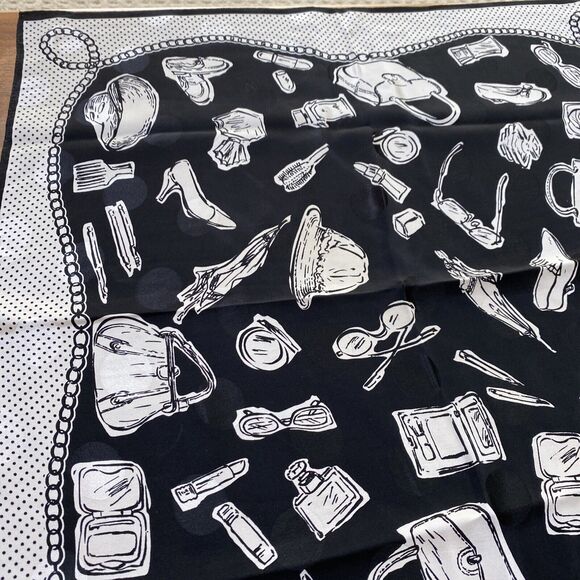 Vintage Talbots Black & White Silk Scarf Shopping Motif Neckerchief Monochrome - Picture 3 of 8